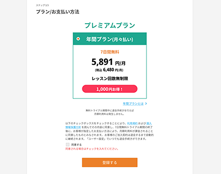 プレミアムプランを選択し、無料トライアル登録を完了する
