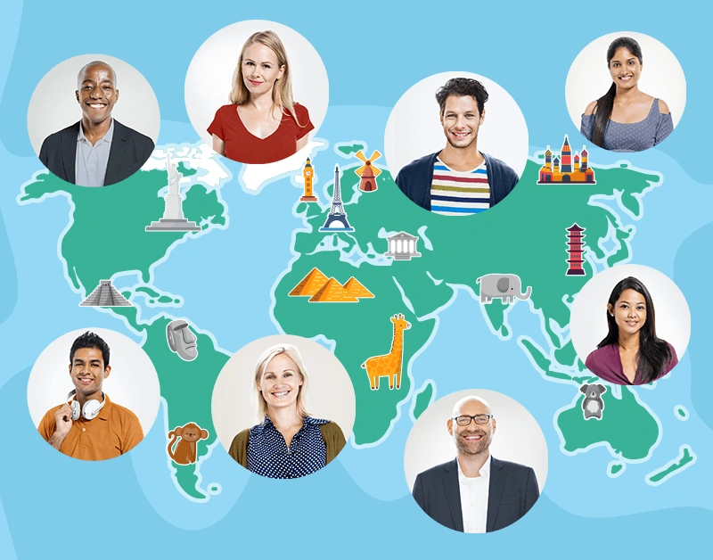 世界中の講師とつながるイメージ：世界地図と多様な国籍の講師たち