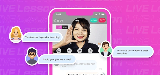 スマートフォンで女性講師のライブレッスンを視聴している画面イメージ