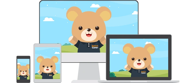 スマートフォン、タブレット、デスクトップPC、ノートPCの4種類の端末すべてに、キャラクター先生のテディが表示されているマルチデバイス対応のイメージ