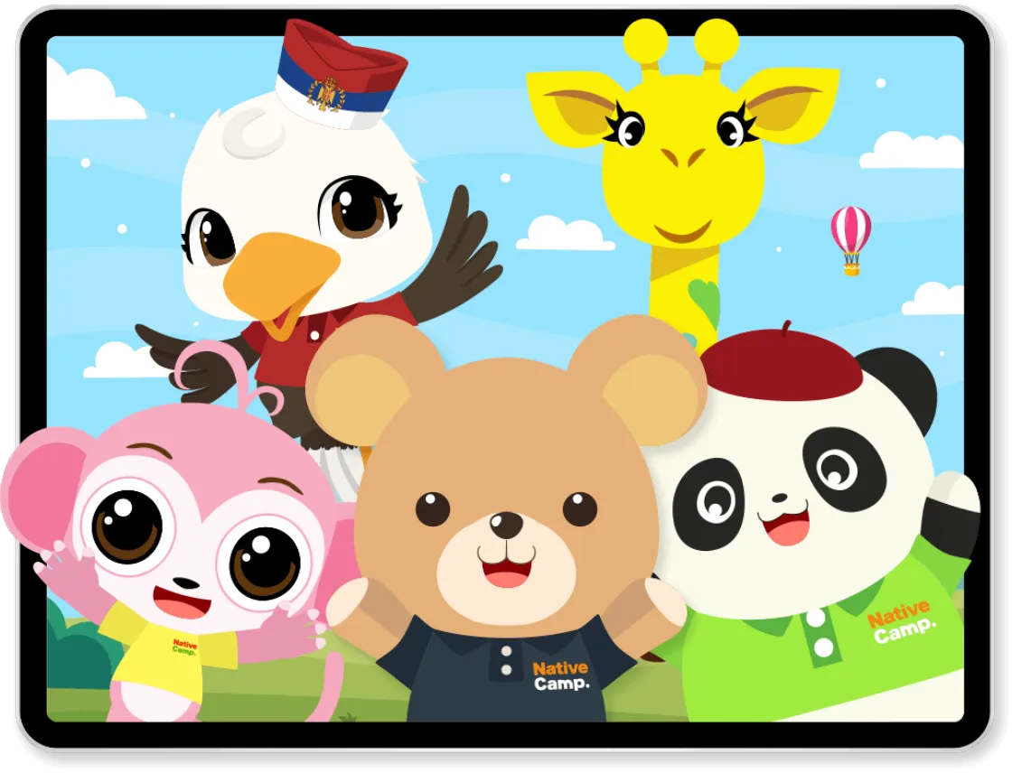 タブレット画面に集合したnativecampsのキャラクター先生たち（テディ、ファンファン、ターシャ、バーディー、ジラフィー）