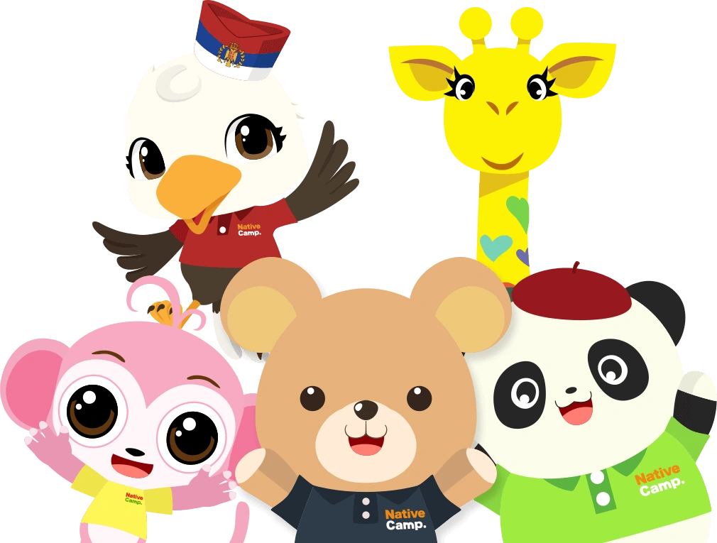 nativecampsのキャラクター先生（テディ、ファンファン、ターシャたち）の集合イラスト