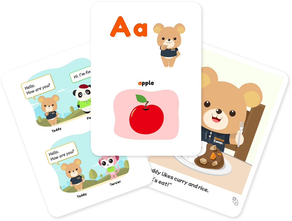 カラフルなイラストが描かれた、nativecampsキッズの英語教材（テキストブック）のイメージ