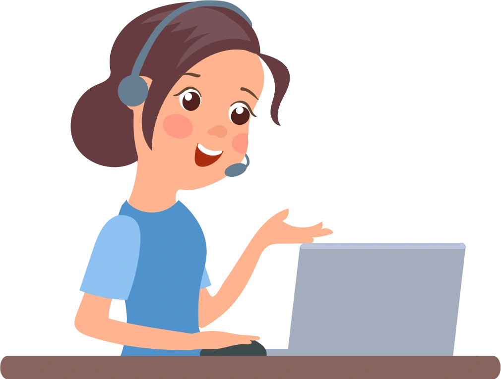 ヘッドセットを着用し、優しく微笑みながら相談に乗ってくれる日本人女性カウンセラー