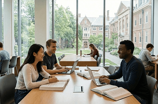 トロントの語学学校環境で留学生が英語を学ぶカフェ風景