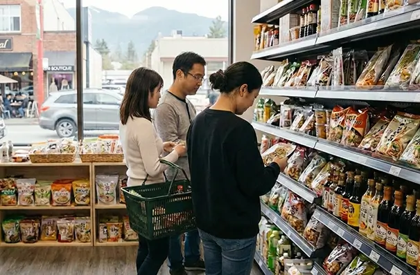 バンクーバーのスーパーで買い物をする人々