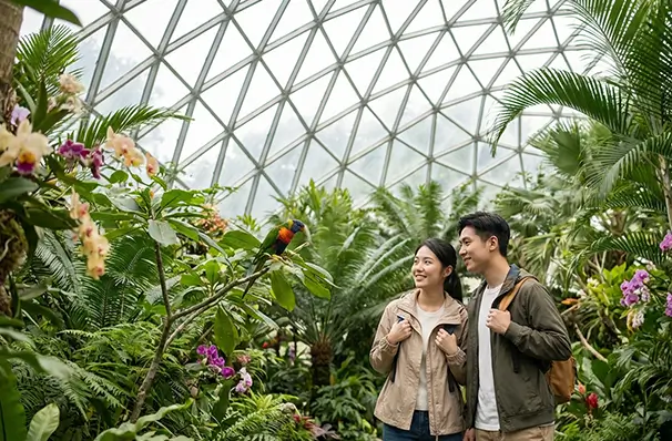 ブローデル温室の熱帯植物と散策を楽しむ観光客、バンクーバーの自然スポット