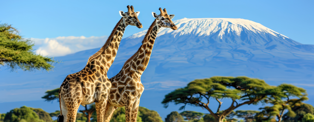 キリマンジャロとキリンが見える南アフリカの大自然の風景