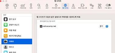 시스템 설정의 카메라 및 마이크 목록 설정 화면